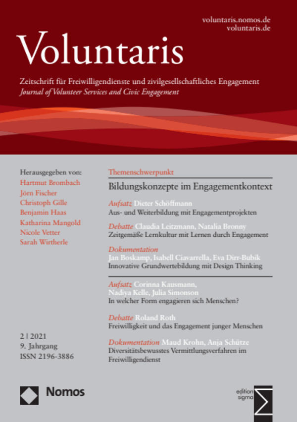 Titelbild der Ausgabe 2/2021: Voluntaris – Zeitschrift für Freiwilligendienste und zivilgesellschaftliches Engagement, Nomos Verlag
